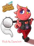  2020 3:4 animal_crossing anthro butterfly_net chameleon character_name choker clothed clothing english_text flick_(animal_crossing) frown hi_res holding_object horn jacket jeiarrshi jewelry leather leather_jacket lizard logo looking_at_viewer male necklace nintendo purple_eyes red_body reptile scalie simple_background solo text topwear video_games walking white_background yellow_horn 
