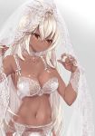  1girl 218 bare_shoulders bra breasts bridal_veil brown_hair choker cleavage collarbone commentary cowboy_shot dark_skin dated english_commentary garter_belt granblue_fantasy lace lace_bra lace_panties lips long_hair looking_to_the_side medium_breasts nail_polish navel panties solo stomach underwear underwear_only veil veil_lift white_hair yellow_eyes zooey_(granblue_fantasy) 
