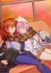  2girls absurdres blush breasts denim einj fate/grand_order fate_(series) fujimaru_ritsuka_(female) hair_between_eyes head_on_another&#039;s_shoulder highres holding_hands jacket jeans mash_kyrielight medium_breasts medium_hair multiple_girls off_shoulder orange_hair pants purple_hair scarf shared_scarf short_hair side_ponytail sleeping smile striped striped_scarf winter yuri 