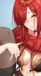  1girl bangs blush breasts contemporary fate/grand_order fate_(series) hair_over_one_eye k52 koha-ace large_breasts long_hair looking_at_viewer oda_nobunaga_(fate)_(all) oda_nobunaga_(maou_avenger)_(fate) parted_lips red_eyes red_hair smile solo 