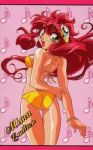  1990s_(style) 1girl arm_grab ass bikini bracelet character_name cowboy_shot floating_hair green_eyes hair_ornament halter_top halterneck idol_project jewelry long_hair lowres mimu_emilton musical_note noritaka_suzuki official_art open_mouth patterned_background red_hair solo swimsuit yellow_bikini 
