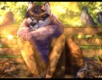  anthro avian backpack bench bird black_bars bottomwear bread canid canine clothed clothing detailed_background food fox fur grey_fox hi_res letterbox light male mammal pants pepper_(pepperfox) plant reykoli shirt shrub solo sunlight sweatshirt topwear urocyon 