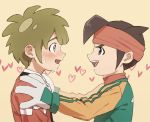  2boys blue_eyes blush brown_eyes brown_hair endou_mamoru eye_contact gloves hands_on_another&#039;s_shoulders headband heart highres inazuma_eleven inazuma_eleven_(series) looking_at_another multiple_boys saichuu_(datttebayoo) smile sweat tachimukai_yuuki yaoi 