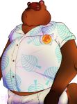  2020 absurd_res animal_crossing anthro balls_outline belly bottomwear brown_body brown_fur canid canine clothing eyes_closed fur genital_outline hi_res male mammal nintendo overweight overweight_male purple_tuesdays raccoon_dog shirt shorts simple_background solo tanuki tom_nook_(animal_crossing) topwear video_games white_background 