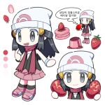  1girl :d beanie black_eyes black_hair black_legwear cake closed_mouth dawnlover_01 dress food fruit happy hat highres hikari_(pokemon) holding holding_food holding_fruit long_hair looking_at_viewer macaron multiple_views open_mouth pokemon pokemon_(game) pokemon_dppt scarf simple_background smile socks strawberry sweat white_background 