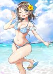  1girl akiki222222222 beach bikini blue_bikini blue_eyes blue_sky breasts brown_eyes cleavage cloud commentary_request feet_out_of_frame frilled_bikini frills gingham highres love_live! love_live!_sunshine!! medium_breasts open_mouth outdoors round_teeth sandals short_hair sky smile solo standing standing_on_one_leg swimsuit teeth upper_teeth watanabe_you 