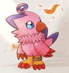  2020 ambiguous_gender avian beak bird biyomon blue_eyes blue_markings claws digimon digimon_(species) feathers hi_res looking_up markings mn_27art orange_body orange_feathers pink_body pink_feathers red_beak red_claws ring signature solo standing toe_claws tuft 