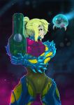  1girl arm_blade arm_cannon ass_visible_through_thighs blonde_hair blue_eyes blurry blurry_background claws fusion_suit highres looking_to_the_side metroid metroid_(creature) metroid_fusion ponytail power_armor samus_aran serious shoulder_spikes spikes thigh_gap tovio_rogers weapon 