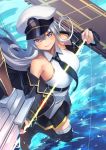  1girl armpits arrow azur_lane bangs bare_shoulders belt black_belt black_coat black_legwear black_neckwear black_skirt bow_(weapon) breasts coat collarbone collared_shirt commentary_request drawing_bow enterprise_(azur_lane) eyebrows_visible_through_hair flight_deck from_above full_body hair_between_eyes hat highres holding holding_bow_(weapon) holding_weapon large_breasts long_hair long_sleeves looking_at_viewer military_hat necktie ocean off-shoulder_coat open_clothes open_coat peaked_cap pleated_skirt purple_eyes shimozuki_shio shirt sidelocks silver_hair skirt sleeveless sleeveless_shirt smile solo standing standing_on_liquid standing_on_one_leg thighhighs underbust weapon white_headwear white_shirt zettai_ryouiki 