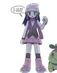  1girl :o beanie black_eyes clenched_hand commentary_request creature dress gen_4_pokemon hat korean_commentary korean_text long_hair looking_at_viewer pokemon pokemon_(creature) pokemon_(game) pokemon_dppt poketch scarf simple_background standing translation_request turtwig watch white_background white_headwear wristwatch 