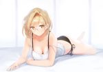  alternate_costume arm_support black_bra black_panties blush bra breasts djeeta_(granblue_fantasy) downblouse glasses granblue_fantasy highres looking_at_viewer lying medium_breasts nose_blush on_stomach panties rimless_eyewear shirt shk955 short_hair side-tie_panties strap_slip the_pose underwear white_shirt yellow_eyes 