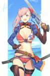  1girl american_flag_bikini asymmetrical_hair bangs belt bikini black_choker blue_eyes blush border breasts bun_cover choker cleavage cloud cloudy_sky commentary_request cropped_jacket day fate/grand_order fate_(series) flag_print front-tie_bikini front-tie_top gloves gunblade hair_bun highres holding holding_sword holding_weapon jacket jeanne_d&#039;arc_(alter_swimsuit_berserker) jeanne_d&#039;arc_(fate)_(all) kibou large_breasts looking_at_viewer miyamoto_musashi_(fate/grand_order) miyamoto_musashi_(swimsuit_berserker)_(fate) navel ocean open_mouth pink_hair shrug_(clothing) signature sky smile swept_bangs swimsuit sword thigh_strap thighhighs thighs weapon white_border 