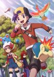  &gt;:( 1girl 2boys :d absurdres animal_on_head backwards_hat black_eyes black_hair brown_eyes brown_hair cyndaquil gold_(pokemon) hat hat_ribbon highres ho-oh hoppip iridescent kotone_(pokemon) marill multiple_boys on_head open_mouth pokegear pokemoa pokemon pokemon_(game) pokemon_hgss red_hair ribbon silver_(pokemon) sky smile totodile tree twintails yanma 