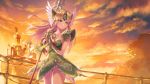  1girl anbe_yoshirou armor bad_id bad_twitter_id bangs blonde_hair breasts bridal_gauntlets cleavage closed_mouth cloud cloudy_sky collarbone dress feather_trim feathers green_dress helmet highres holding holding_weapon long_hair looking_away medium_breasts outdoors polearm purple_eyes riesz seiken_densetsu seiken_densetsu_3 short_dress shoulder_armor simple_background sky solo spear sunset teardrop tears weapon winged_helmet 