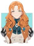  1girl absurdres annette_fantine_dominic character_name fire_emblem fire_emblem:_three_houses green_eyes highres holding_hands long_hair open_mouth orange_hair pullssack simple_background solo_focus upper_body 