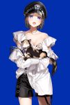  1girl animal bangs bare_shoulders black_headwear black_shorts blue_background blue_eyes breasts brown_hair cat collarbone ear_piercing earrings hat highres holding holding_animal holding_cat hoshii_hisa jewelry looking_at_viewer medium_breasts off_shoulder open_mouth original parted_bangs peaked_cap piercing shirt short_hair short_shorts shorts simple_background solo spikes standing tongue tongue_out tongue_piercing white_shirt 