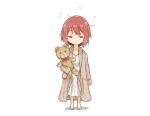  1girl ark_royal_(kantai_collection) barefoot brown_coat coat kantai_collection messy_hair nightgown otoufu red_hair sleepy sleeves_past_wrists solo stuffed_animal stuffed_toy teddy_bear 