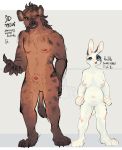  animal_genitalia anthro balls breasts claws duo female flipside fur genitals hair hyaenid lagomorph leporid looking_at_viewer male mammal nipples nude open_mouth penis perdita_rabbit rabbit sheath simple_background size_difference smile 