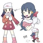  beanie black_eyes black_hair boots commentary_request dawnlover_01 hat hikari_(pokemon) korean_commentary korean_text long_hair looking_at_viewer one_eye_closed pink_footwear pokemon pokemon_(game) pokemon_dppt pokemon_platinum scarf simple_background standing white_background white_headwear white_scarf 