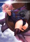  1girl armor armored_dress ass blue_sky bodysuit breasts cloud dutch_angle elbow_gloves fate/grand_order fate_(series) from_below gloves kyou-chan large_breasts mash_kyrielight purple_eyes purple_hair sky solo thighhighs thighs 