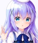  1girl amedamacon angora_rabbit animal bangs blue_bow blue_eyes blue_vest blush bow bunny chestnut_mouth collared_shirt commentary_request eyebrows_visible_through_hair gochuumon_wa_usagi_desu_ka? grey_background hair_between_eyes hair_ornament hand_up kafuu_chino long_hair long_sleeves looking_at_viewer out_of_frame parted_lips purple_hair rabbit_house_uniform shirt solo_focus tippy_(gochiusa) uniform upper_body vest waitress white_shirt x_hair_ornament 