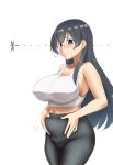  1girl agano_(kantai_collection) alternate_costume black_hair black_pants blue_eyes bra breasts bug dragonfly insect kantai_collection large_breasts long_hair midriff moose_(moosemitchell2) navel pants plump simple_background solo sports_bra underwear white_background white_bra 