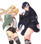  2girls absurdres asymmetrical_legwear bangs black_hair black_jacket black_legwear black_shorts black_skirt blazer blonde_hair blue_eyes boots bow bowtie breasts burn_the_witch collared_shirt diegodraws dress_shirt green_eyes green_jacket hair_between_eyes hair_ornament highres jacket kneehighs large_breasts long_hair long_sleeves looking_at_viewer miniskirt multiple_girls niihashi_noel nini_spangle open_clothes open_jacket open_mouth pleated_skirt red_bow school_uniform shirt short_shorts shorts simple_background single_thigh_boot single_thighhigh skindentation skirt suspender_shorts suspenders thigh_boots thigh_strap thighhighs twintails very_long_hair wand white_background white_shirt 