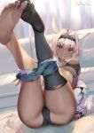  1girl arm_support ass bikini black_bikini black_hairband black_legwear blue_eyes blue_shorts blush breasts caenis_(fate) commentary_request copyright_name couch covered_nipples dark_skin denim denim_shorts eyebrows_visible_through_hair fate/grand_order fate_(series) frown full_body hairband indoors large_breasts long_hair looking_at_viewer lying nail_polish on_back open_mouth pink_lips shorts shorts_removed single_thighhigh skindentation swimsuit thighhighs thighs toes torn_clothes torn_legwear very_long_hair white_hair white_nails yoshimoto_(dear_life) 