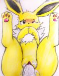  3_toes black_eyes black_nose blush bodily_fluids chest_tuft clitoris colored_pencil_(artwork) covering_mouth eeveelution eiroru female female_focus female_penetrated feral_focus first_person_view fur genitals jolteon looking_at_viewer male male/female male_penetrating male_penetrating_female nintendo one_eye_closed pawpads penetration penis pink_pawpads pok&eacute;mon pok&eacute;mon_(species) pussy solo_focus spread_legs spreading tears toes traditional_media_(artwork) tuft vaginal video_games yellow_body yellow_fur 