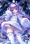  1girl azur_lane bangs blue_eyes blush brown_sweater commentary_request dress eyebrows_visible_through_hair full_moon fur-trimmed_dress fur-trimmed_sleeves fur_trim hair_intakes hand_up long_hair long_sleeves looking_at_viewer moon narae open_mouth purple_hair sleeves_past_fingers sleeves_past_wrists solo spikes sweater tashkent_(azur_lane) thighhighs very_long_hair white_dress white_legwear 