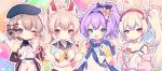  4girls :d :o ;q anchor_print animal_ears ayanami_(azur_lane) azur_lane balloon bangs bare_shoulders bear_hood beret black_ribbon blue_eyes blue_sailor_collar blush bodysuit_under_clothes bow bracelet breasts bunny_ears buttons camisole commentary_request confetti crop_top cross_hair_ornament crown detached_hood elbow_gloves eyebrows_visible_through_hair fake_animal_ears fang fur-trimmed_jacket fur_trim gloves green_eyes hair_between_eyes hair_bow hair_intakes hair_ornament hair_ribbon hairband hat headgear high_ponytail highres holding holding_string iron_cross jacket javelin_(azur_lane) jewelry laffey_(azur_lane) light_brown_hair long_hair long_sleeves looking_at_viewer medium_breasts midriff mini_crown multiple_girls navel neckerchief off-shoulder_jacket one_eye_closed open_clothes open_jacket open_mouth orange_eyes outline party_popper peroppafu pink_background pink_jacket platinum_blonde_hair ponytail purple_hair red_eyes red_hairband ribbon sailor_collar shirt short_hair sidelocks single_glove skin_fang sleeveless sleeveless_shirt smile strap_slip string_of_flags striped striped_bow tilted_headwear tongue tongue_out twintails upper_body very_long_hair white_camisole white_gloves white_hair white_shirt yellow_neckwear z23_(azur_lane) 