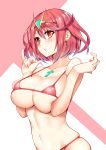  1girl absurdres bikini breasts chest_jewel commentary_request daive earrings gem headpiece highres homura_(xenoblade_2) huge_breasts jewelry micro_bikini pink_background red_bikini red_eyes red_hair short_hair solo swimsuit two-tone_background white_background xenoblade_(series) xenoblade_2 