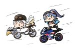  2girls alternate_costume azur_lane bangs baseball_cap blue_hair chibi clothes_around_waist commentary_request enterprise_(anniversary_ride)_(azur_lane) enterprise_(azur_lane) essex_(a_trip_down_route_66)_(azur_lane) essex_(azur_lane) eyebrows_visible_through_hair eyewear_on_headwear ground_vehicle hair_between_eyes hat headband highres jacket jacket_around_waist kagami_(kagamina) long_hair motor_vehicle motorcycle multiple_girls navel on_motorcycle open_clothes open_jacket open_mouth ponytail purple_eyes shirt sidelocks silver_hair simple_background standing_on_object sunglasses white_background white_shirt yellow_eyes 