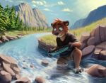  anthro beaver black_nose blue_eyes brown_body brown_fur cheek_tuft clothed clothing cloud detailed detailed_background facial_tuft fully_clothed fur gold_(metal) grass head_tuft hi_res landscape light lighting male mammal nature outside river rodent s1m shirt sky solo topwear tree tuft water 