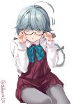  1girl adjusting_eyewear ahoge artist_name black-framed_eyewear black_ribbon blue_neckwear bow bowtie braid brown_eyes dress ebifurya glasses grey_hair grey_legwear hair_over_eyes hair_ribbon hamanami_(kantai_collection) highres kantai_collection long_hair long_sleeves pantyhose pleated_dress purple_dress purple_legwear ribbon school_uniform seamed_legwear shirt side-seamed_legwear single_braid twitter_username white_shirt 