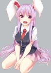  1girl :d animal_ears bangs black_vest blush breasts bunny_ears commentary_request eyebrows_visible_through_hair grey_background kue large_breasts long_hair looking_at_viewer miniskirt necktie open_mouth pink_skirt pleated_skirt purple_hair red_eyes red_neckwear reisen_udongein_inaba seiza shirt short_sleeves sidelocks simple_background sitting skirt smile solo thighs touhou very_long_hair vest white_shirt 