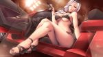  1girl bangs bare_shoulders bikini black_bikini breasts brown_eyes car carmilla_(fate/grand_order) carmilla_(swimsuit_rider)_(fate) cleavage closed_mouth crossed_legs eyewear_on_head fate/grand_order fate_(series) feet ground_vehicle gun highres large_breasts legs looking_at_viewer motor_vehicle navel parted_bangs queasy_s sandals side_ponytail silver_hair sitting solo sunglasses swimsuit toes underboob weapon 