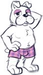  animal_crossing anthro belly blep booker_(animal_crossing) boxers_(clothing) bulldog canid canine canis clothing domestic_dog goronic lidded_eyes male mammal mastiff molosser nintendo sketch slightly_chubby solo tongue tongue_out underwear video_games 