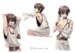  1boy arms_behind_head arsh_(thestarwish) breasts brown_hair fate/grand_order fate_(series) green_eyes kneeling makarios_(fate) male_focus nipples sideboob toga 