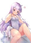  1girl ahoge azur_lane bangs bare_arms bare_legs bare_shoulders breasts collarbone commentary competition_swimsuit covered_navel feet_out_of_frame knee_up long_hair medium_breasts mujinbi one-piece_swimsuit patreon_username purple_eyes purple_hair self_fondle sidelocks sitting solo stuffed_alicorn swimsuit unicorn_(azur_lane) very_long_hair 