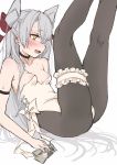  1girl alternate_costume amatsukaze_(kantai_collection) beige_leotard black_legwear breasts chigasaki_y choker commentary_request fang feet_out_of_frame garter_belt hair_tubes highres kantai_collection legs_up leotard long_hair money open_mouth pantyhose playboy_bunny_leotard silver_hair simple_background sitting skin_fang small_breasts smile solo two_side_up white_background windsock yellow_eyes 