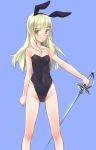  1girl aohashi_ame bare_shoulders black_leotard blonde_hair blue_background blush breasts cameltoe cleavage closed_mouth covered_navel eyebrows_visible_through_hair full_body glasses groin leotard long_hair looking_at_viewer perrine_h_clostermann rapier shiny shiny_hair shiny_skin simple_background small_breasts smile solo standing strike_witches sword weapon world_witches_series yellow_eyes 