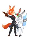  2020 anthro canid canine clothed clothing disney duo female flower fox fully_clothed fur gesture grey_body grey_fur hi_res inner_ear_fluff judy_hopps lagomorph leporid male mammal mouth_hold nick_wilde orange_body orange_fur plant pointing pose rabbit red_fox shield simple_background tieradler tuft white_background white_body white_fur zootopia 