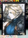  1boy bare_shoulders blonde_hair blue_eyes buster_sword close-up closed_mouth cloud_strife face final_fantasy final_fantasy_vii final_fantasy_vii_remake from_side highres holding holding_sword holding_weapon marker_(medium) over_shoulder ribbed_shirt shirt shoulder_armor signature sleeveless sleeveless_shirt spiked_hair stanley_lau suspenders sword sword_over_shoulder traditional_media turtleneck weapon weapon_over_shoulder 