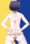  1girl absurdres arms_behind_back ass bare_arms bare_shoulders bikini fingernails from_behind harukana_receive highres legs_apart nyoijizai official_art scan shiny shiny_hair shiny_skin short_hair simple_background solo string_bikini striped swimsuit thighs 