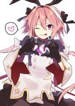  1boy ;p absurdres astolfo_(fate) astolfo_(saber)_(fate) black_gloves black_headwear black_neckwear bow commentary fate/apocrypha fate/grand_order fate_(series) gloves gold_trim hair_bow heart heart_hands highres long_hair low_twintails male_focus multicolored_hair omucchan_(omutyuan) one_eye_closed otoko_no_ko pink_hair purple_eyes solo spoken_heart tongue tongue_out twintails white_hair 