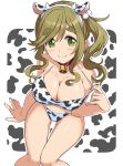  1girl animal_ears animal_print bangs bare_shoulders bell bell_collar bikini blush breasts brown_hair cleavage closed_mouth collar collarbone cow_ears cow_horns cow_print eyebrows_visible_through_hair fake_animal_ears fake_horns fang green_eyes hair_bobbles hair_ornament horns inuyama_aoi large_breasts long_hair looking_at_viewer mirai_denki navel red_collar side_ponytail sitting skin_fang smile solo swimsuit thick_eyebrows yurucamp 
