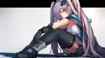  1girl azur_lane bangs black_footwear black_gloves black_legwear blue_cape blue_eyes breasts cape clothes_writing commentary_request eyebrows_visible_through_hair from_side full_body gloves highres intrepid_(azur_lane) long_hair looking_at_viewer miniskirt mole mole_on_breast outstretched_arm pleated_skirt purple_hair shimozuki_shio skirt small_breasts solo very_long_hair 
