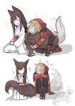  2girls absurdres animal_ears arknights comb combing fox_ears fox_girl fox_tail highres hinagi_(fox_priest) hood hood_down japanese_clothes kimono multiple_girls original projekt_red_(arknights) tail tail_hug tail_wagging wolf_girl wolf_tail 