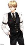  1boy absurdres artist_name bangs black_neckwear black_pants commentary earrings eyebrows_visible_through_hair fate/stay_night fate_(series) gilgamesh hands_in_pockets highres jewelry kanniepan looking_at_viewer male_focus necktie pants red_eyes shirt short_hair simple_background solo sweater_vest two-tone_neckwear white_background white_shirt 
